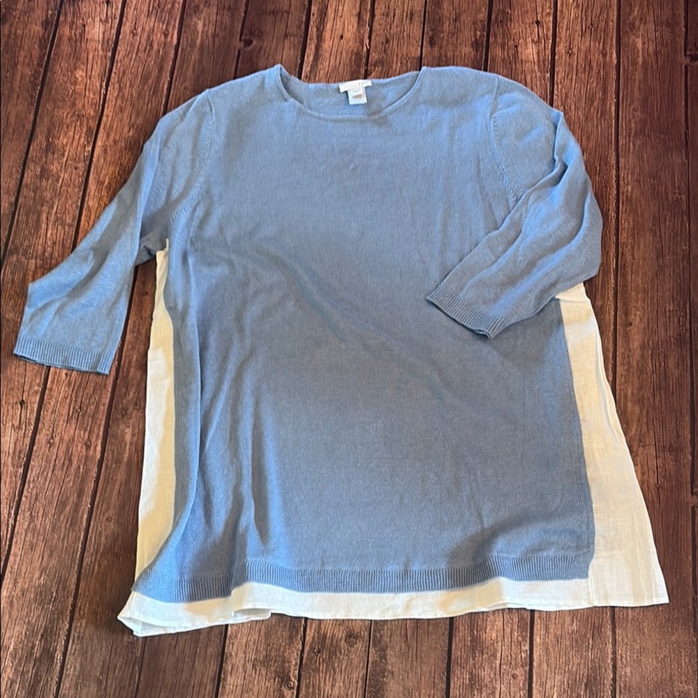J. Jill Light Blue Cotton/Linen Sweater with White Linen Side Panel/Hem Sz L